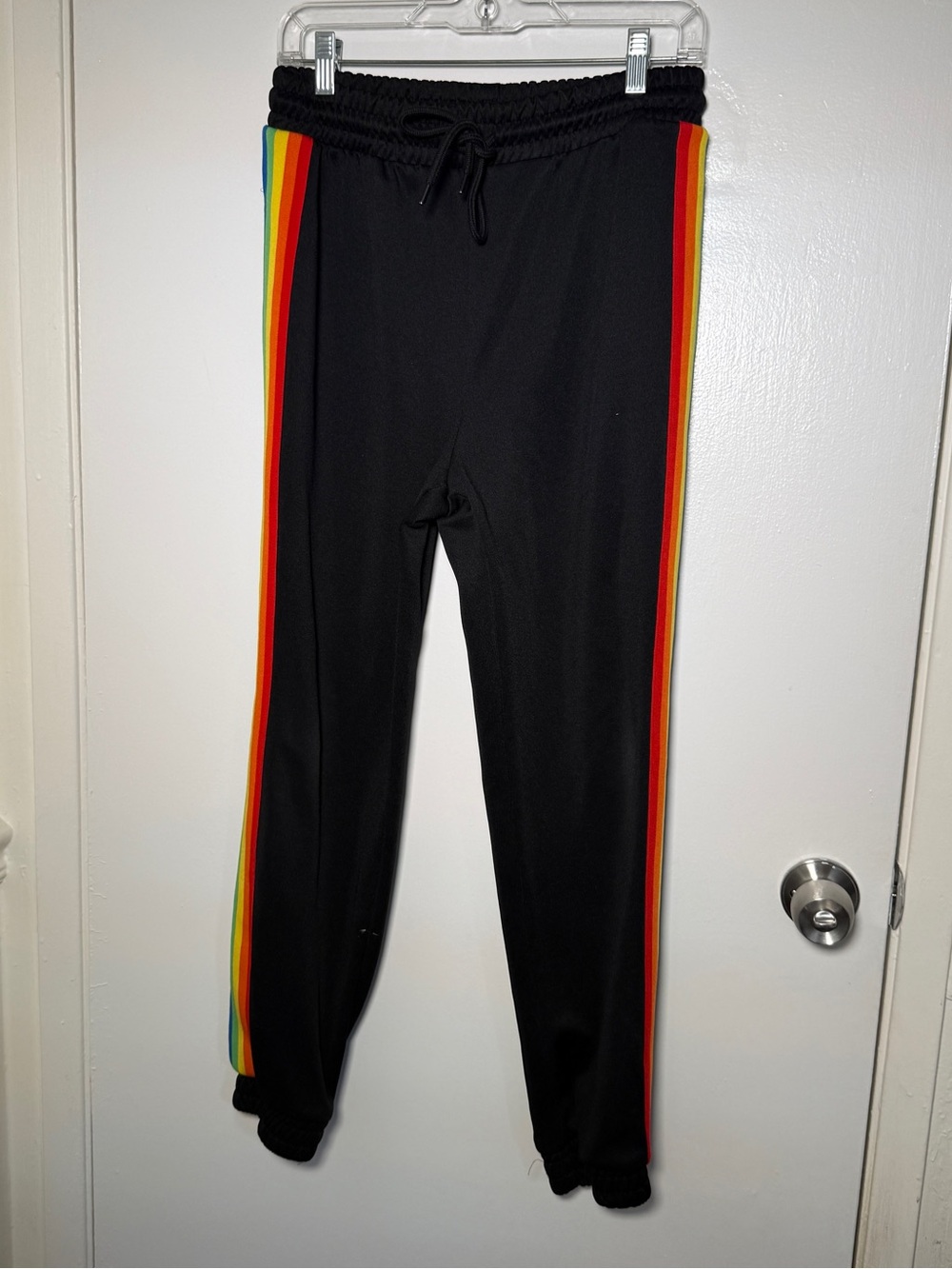 Unisex Black Track Jogger Pants with Rainbow Side Stripes Medium